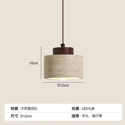 Minimalist cylindrical pendant light with beige stone shade and dark wooden top for kitchen dining room ceiling tray