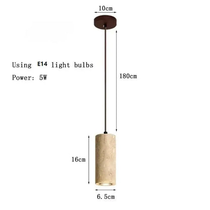 Minimalist beige travertine cylindrical cord pendant light with textured stone finish and dark bronze hardware for dining table