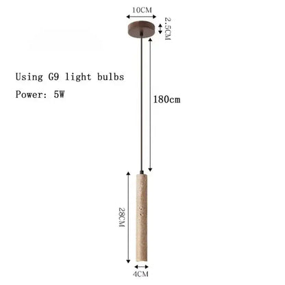 Minimalist beige travertine cylindrical cord pendant light with dark metal rod suspension for dining table lighting
