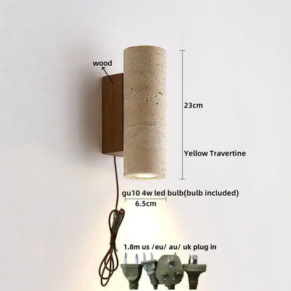 Minimalist yellow travertine led wall lights with cylindrical design and wooden backplate for bedroom stone clock decor