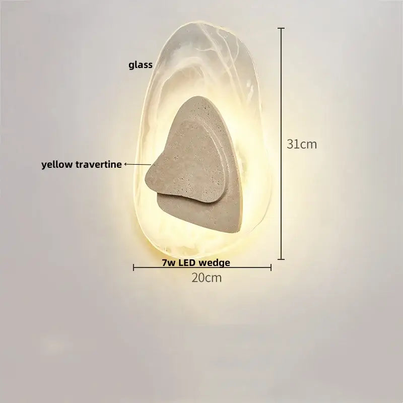 Minimalist beige travertine led wall lights with translucent glass shell and yellow stone centerpiece for bedroom use