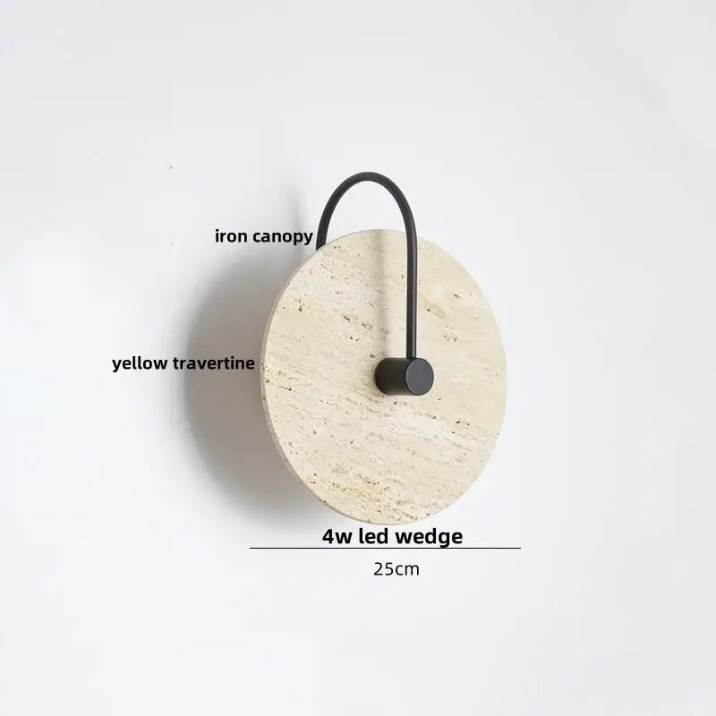 Minimalist circular yellow travertine led wall light with black iron canopy and 4w led wedge light for bedroom use
