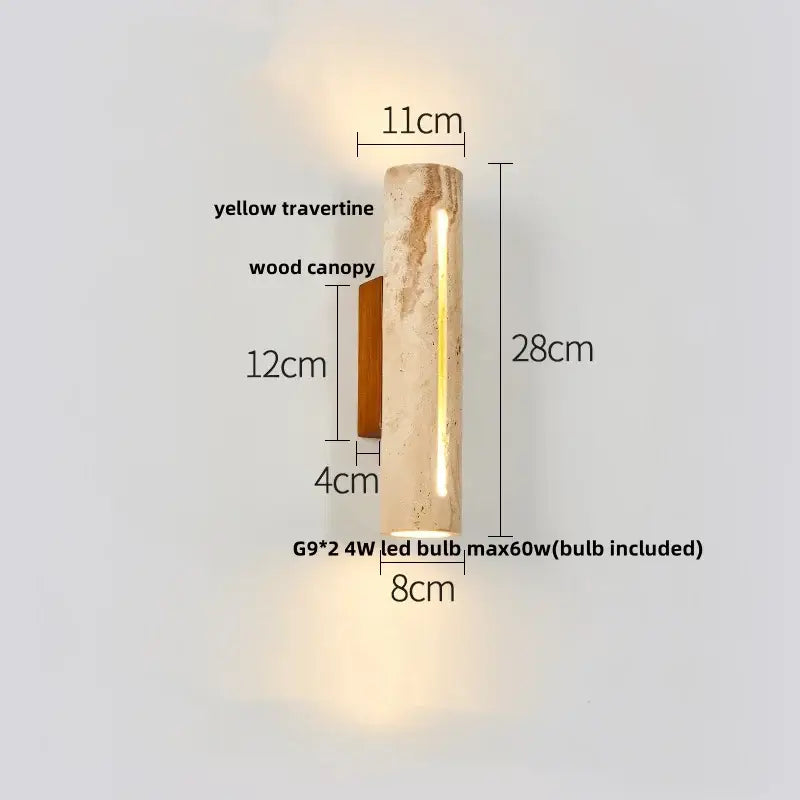 Minimalist beige travertine led wall lights with wooden canopy and integrated led bulb for bedroom use