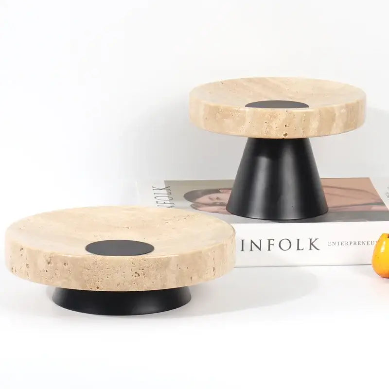 Minimalist beige travertine marble tray dining room serving stand with black circular base and center accent from decorbites beige travertine