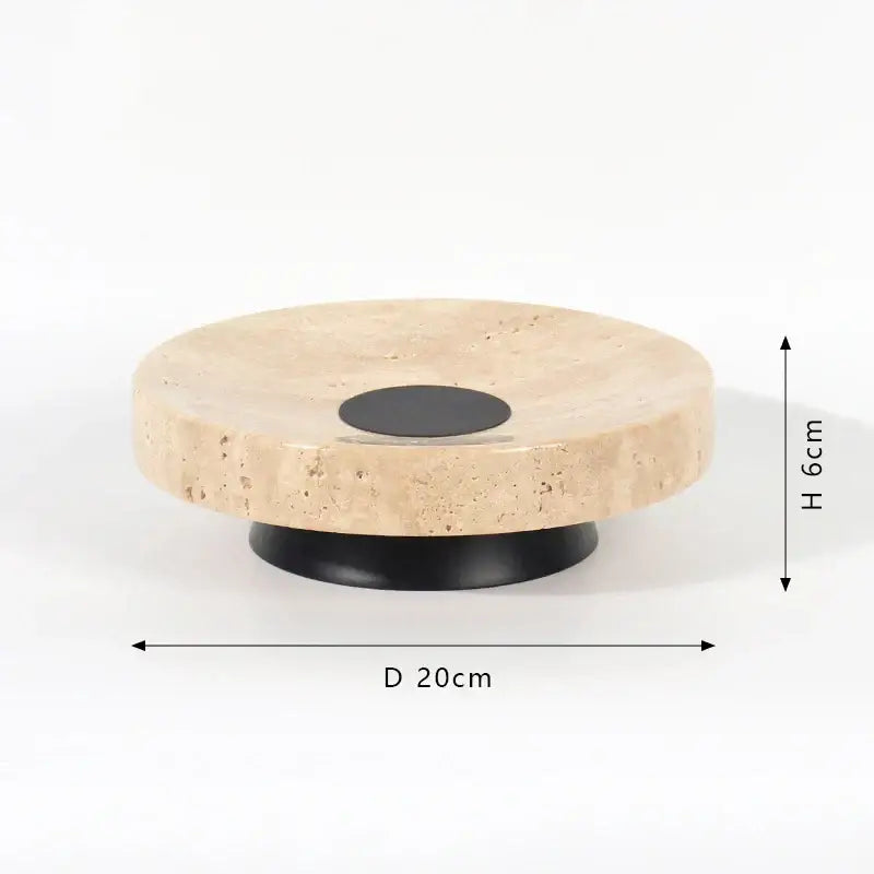 Minimalist beige travertine marble tray dining room serving stand with beige stone coffee table and black circular inset base
