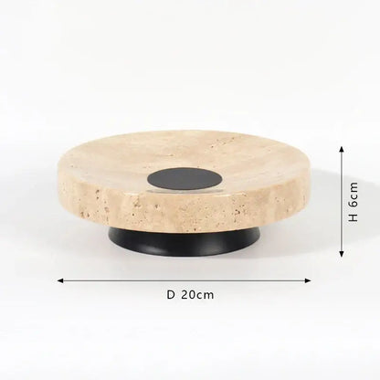 Minimalist beige travertine marble tray dining room serving stand with beige stone coffee table and black circular inset base
