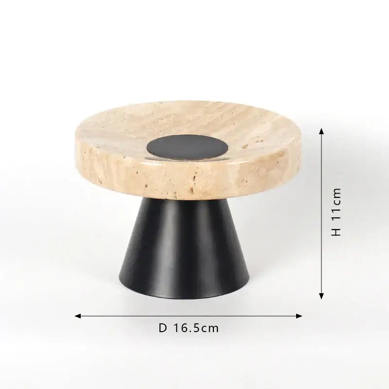Minimalist beige travertine marble serving stand with black circular inset and matte black base for dining room decorbites beige travertine