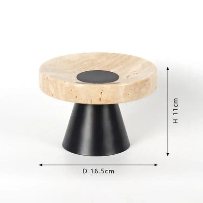Minimalist beige travertine marble serving stand with black circular inset and matte black base for dining room decorbites beige travertine