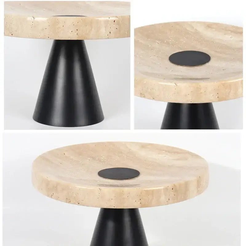 Minimalist beige travertine marble tray with a beige stone top and black metal cone base for dining room use