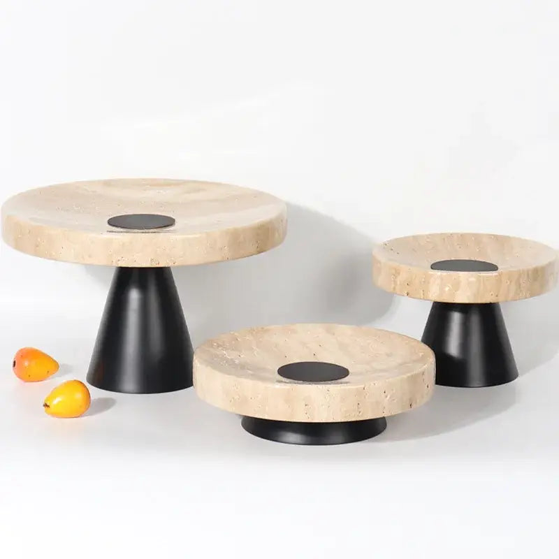 Set of three beige travertine marble tray pedestal stands with black conical bases for minimalist dining room decorbites beige travertine