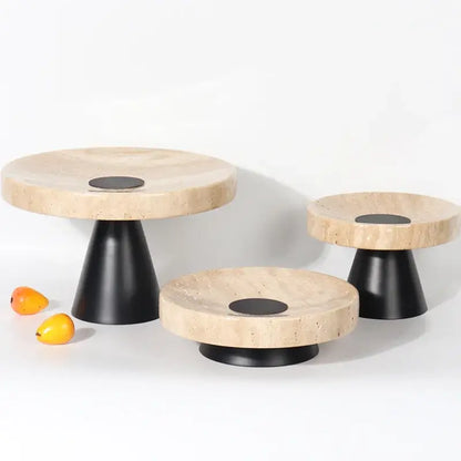 Set of three beige travertine marble tray pedestal stands with black conical bases for minimalist dining room decorbites beige travertine