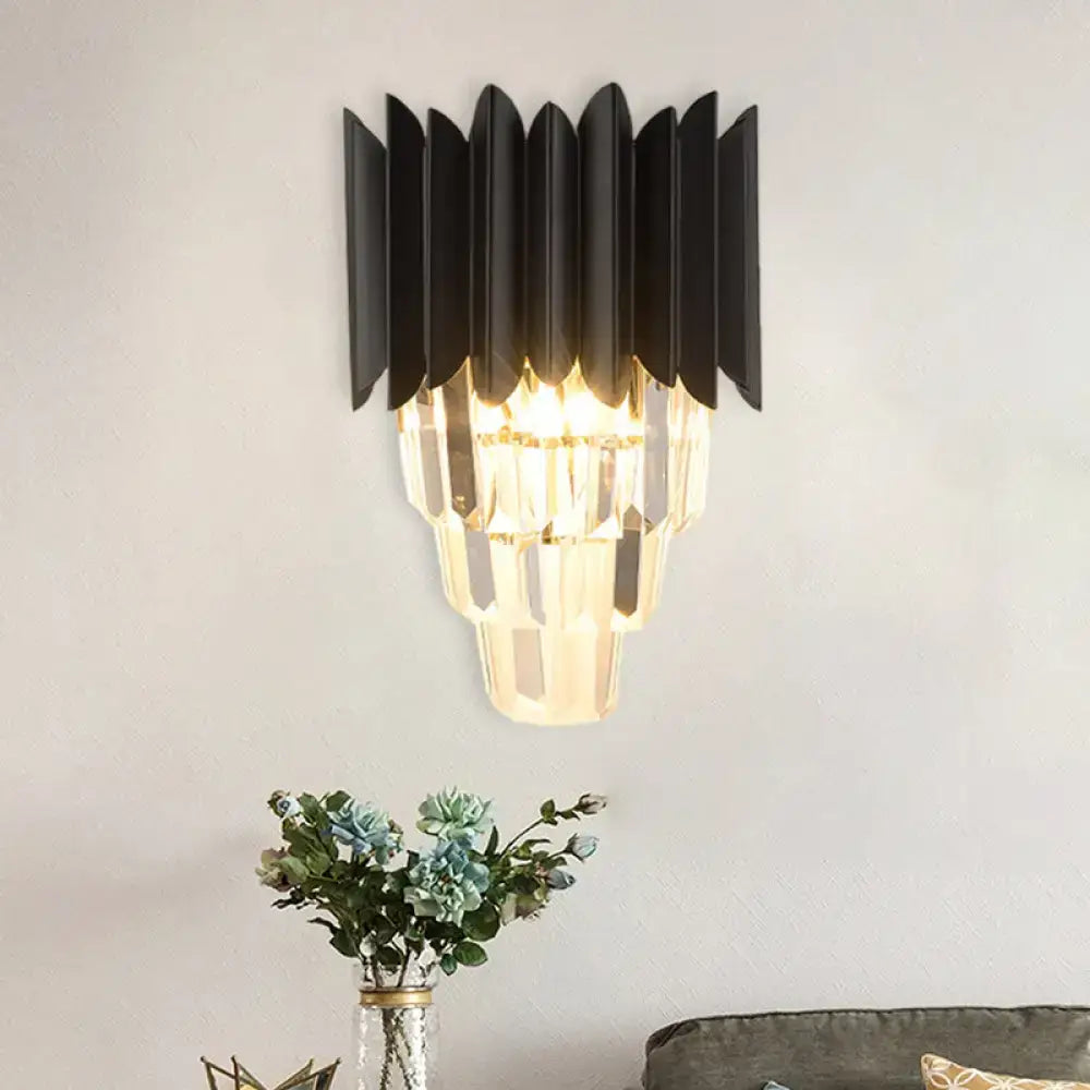 Minimalist black 2-head wall light with cascading crystal tiers in metal for elegant bedroom lighting