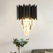 Minimalist black 2-head wall light with cascading crystal tiers in metal for elegant bedroom lighting
