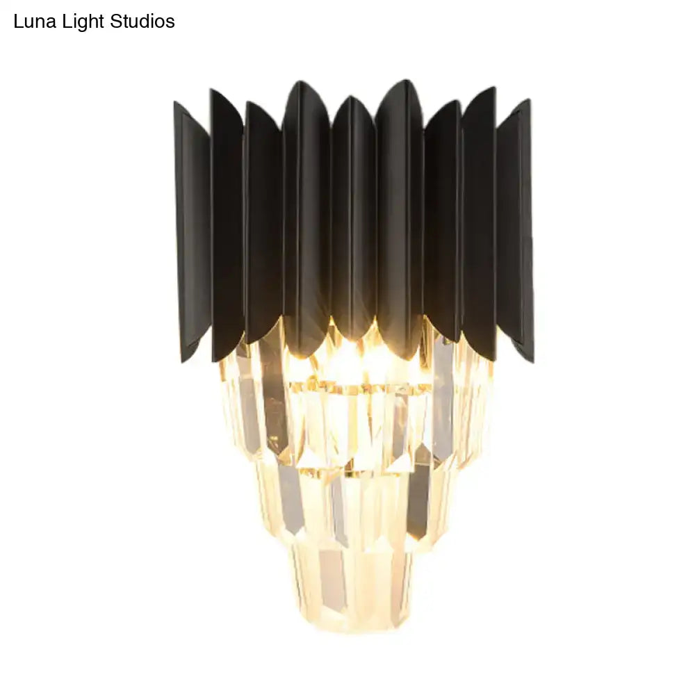 Minimalist black 2-head wall light with metal and crystal tiers featuring a fan-like design for a minimalistic home