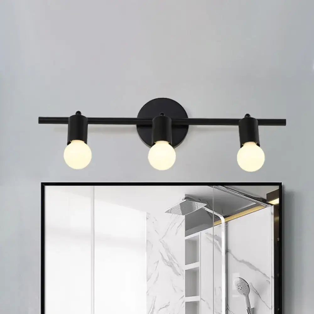 Minimalist black 3-arm vanity light fixture with three exposed bulb sockets for bathroom vanity light use