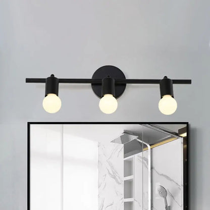 Minimalist black 3-arm vanity light fixture with three exposed bulb sockets for bathroom vanity light use