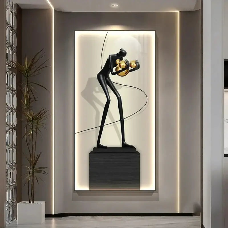 Minimalist black and gold abstract figure luminous sculpture wall lamp mounted on dark wood base for living room