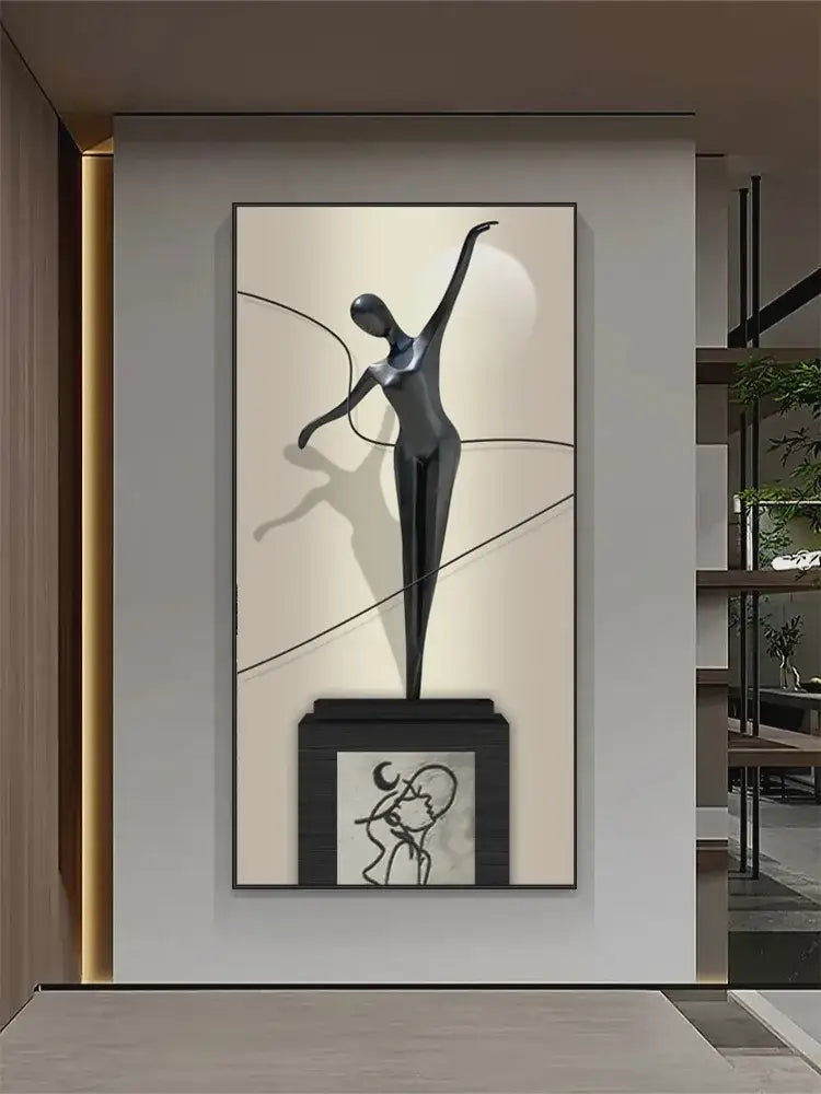 Minimalist black abstract figure luminous canvas wall lamp featuring sleek black metallic dancer sculpture for living room wall lamps