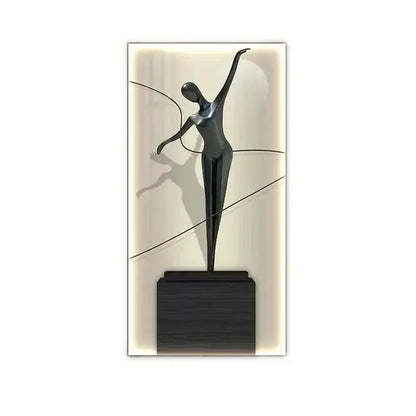 Elegant black metallic abstract figure luminous wall lamp featuring a dynamic dancer sculpture on a sleek base