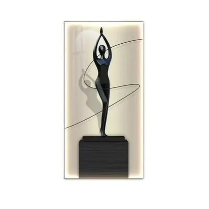 Minimalist black abstract figure luminous canvas wall lamp featuring a dancer sculpture on a dark rectangular base