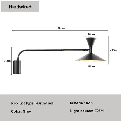 Black iron wall lamp with adjustable long arm and conical shade for minimalist bedroom sconce lighting