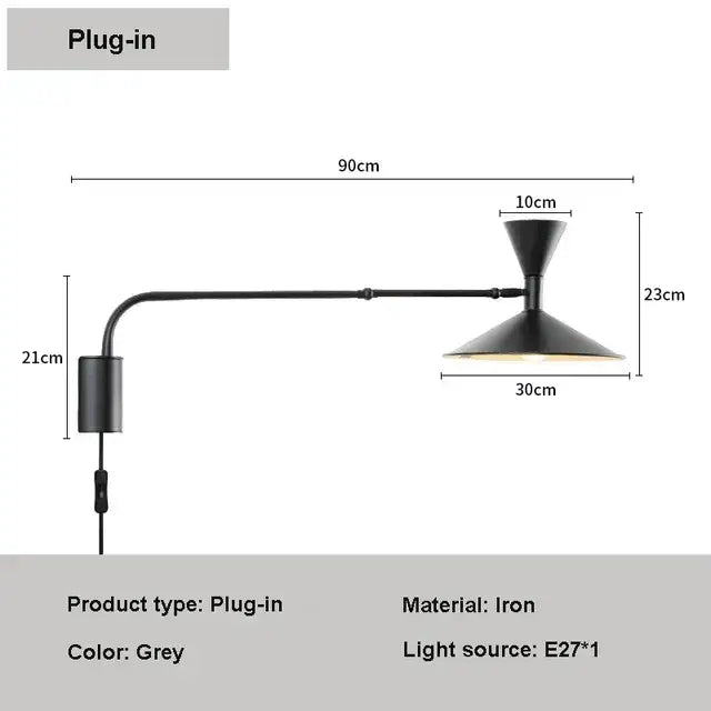 Black iron wall lamp with an adjustable long arm and conical shade for minimalist bedroom sconce lighting