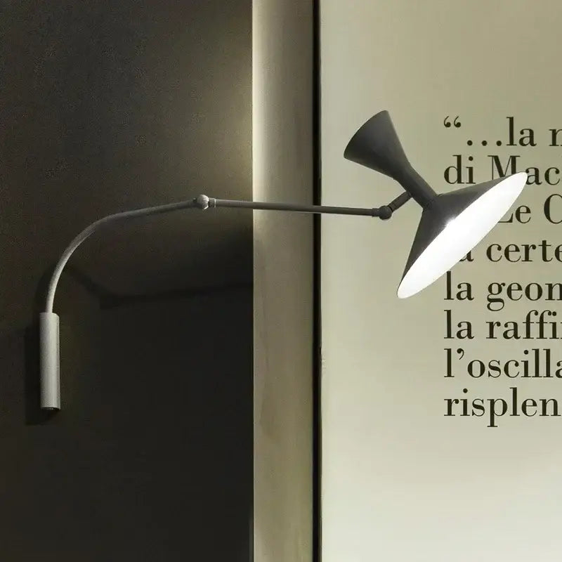 Minimalist black wall lamp with adjustable long arm and conical shade for modern bedroom sconce lighting