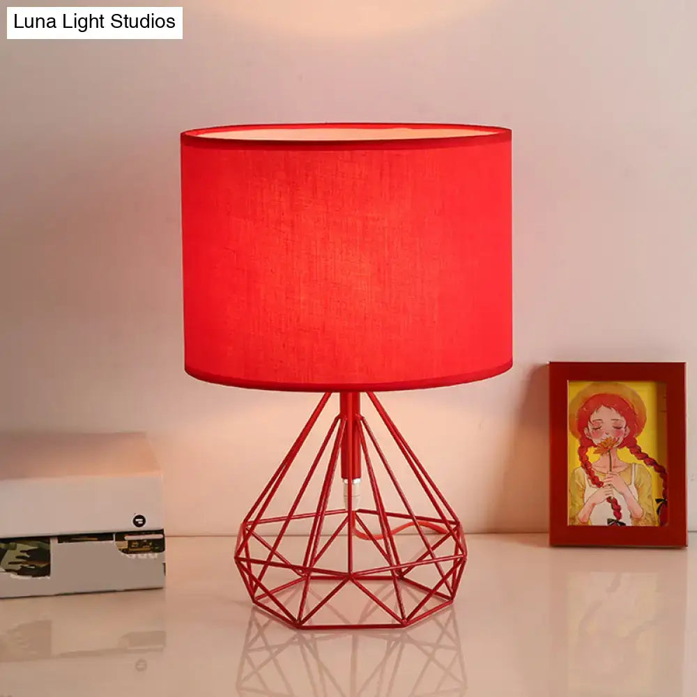Decorbites™ diamond cage bedside table lamp in red metallic finish with fabric shade compatible with 110v-120v 220v-240v