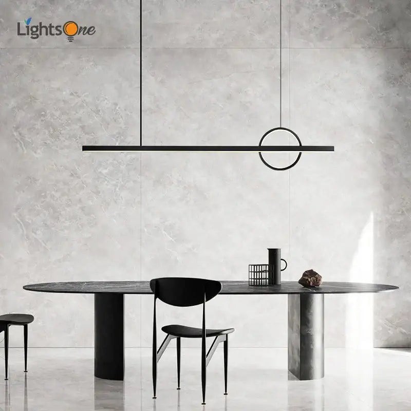 Minimalist black pendant light with sleek horizontal bar and circular accent in decorbites geometric copper chandelier style