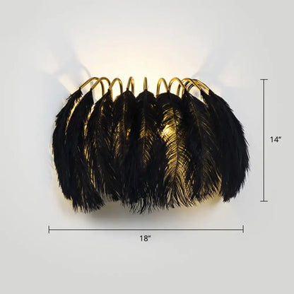 Minimalist black and gold feather wall sconce with ostrich feathers and metal rings provides elegant light type fixture height