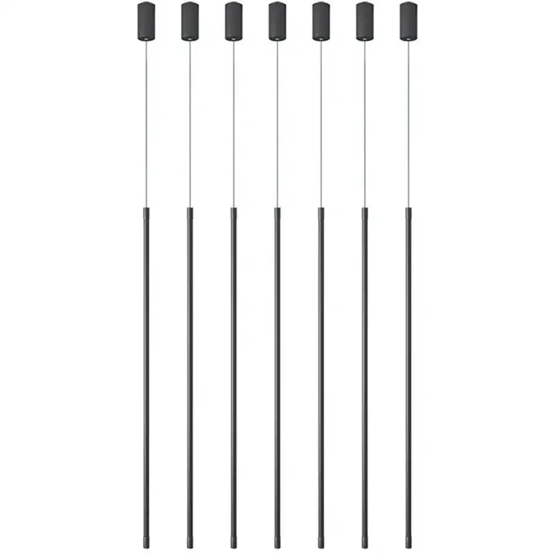 Six sleek black cylindrical pendant lights with slender metallic rods in a minimalist black and white metal pendant light fixture