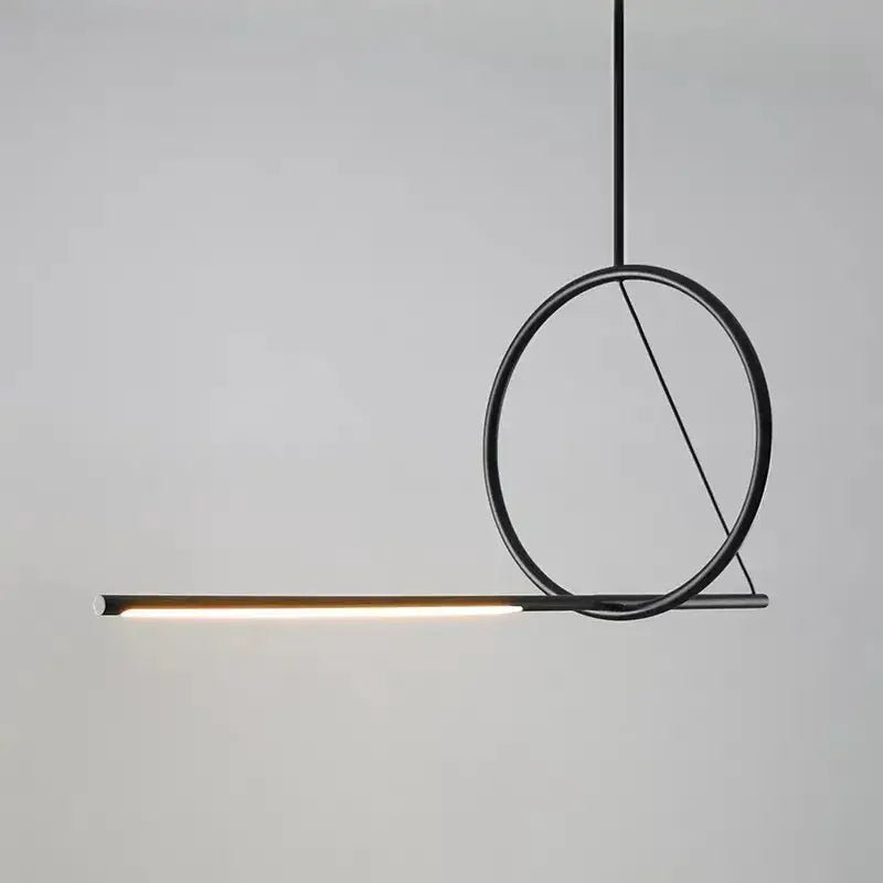 Minimalist black metal pendant light with circular frame and linear art line led strip for dining room decorbites art line
