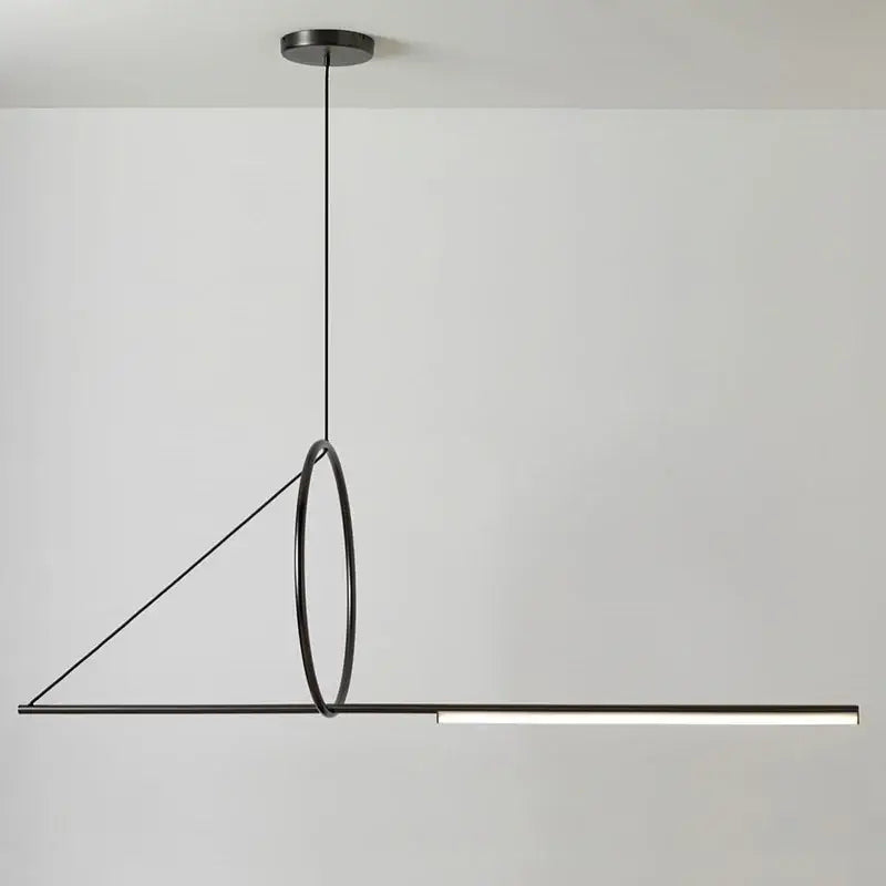 Minimalist black art line led pendant light with circular ring and linear led bar for dining room decorbites art line