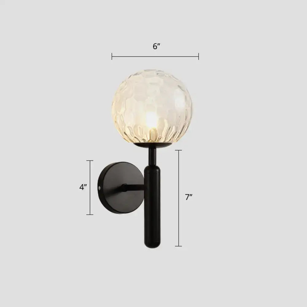 Minimalist black metal ball shade corridor light with textured frosted glass globe for bedroom wall sconce