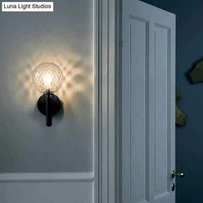 Minimalist black ball shade corridor light with textured clear glass globe for bedroom wall sconce lighting