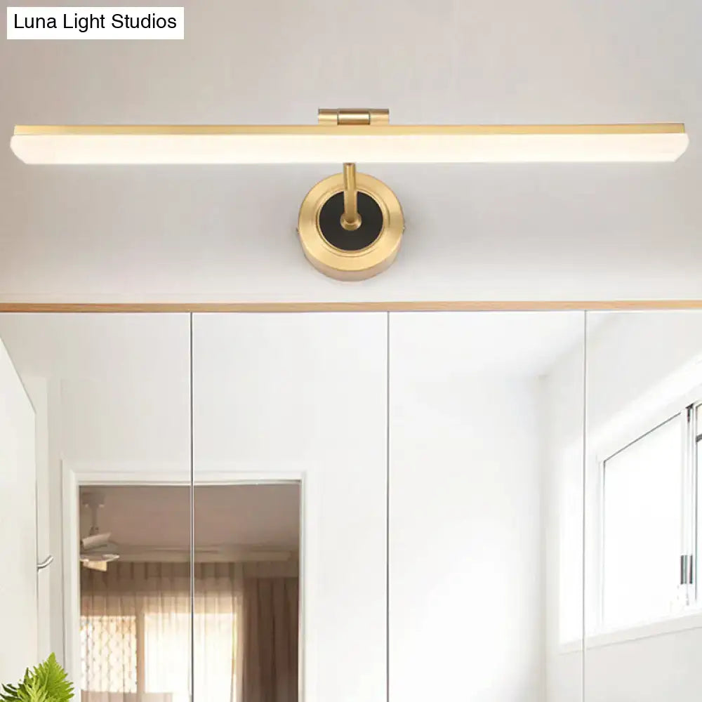 Gold-finished wall mounted vanity light with sleek rectangular design and integrated led illumination for bathroom use