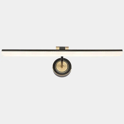Minimalist black and brass wall mounted vanity light with swing arm and sleek linear design for bathroom use