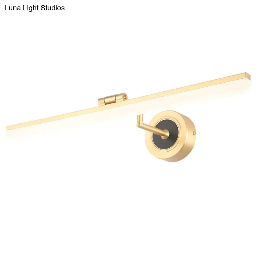 Gold-finished modern wall mounted vanity light with sleek rectangular bar and circular base for bathroom use