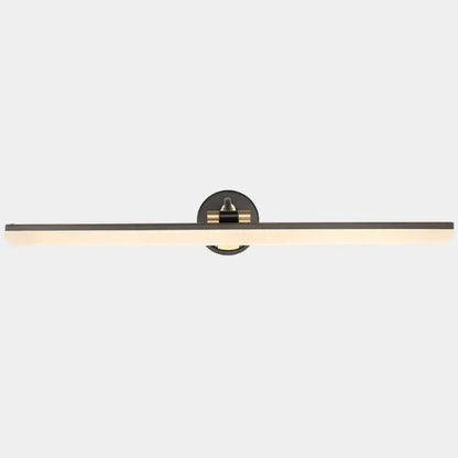 Minimalist black and brass wall mounted vanity light with matte black rectangular design and warm ambient glow