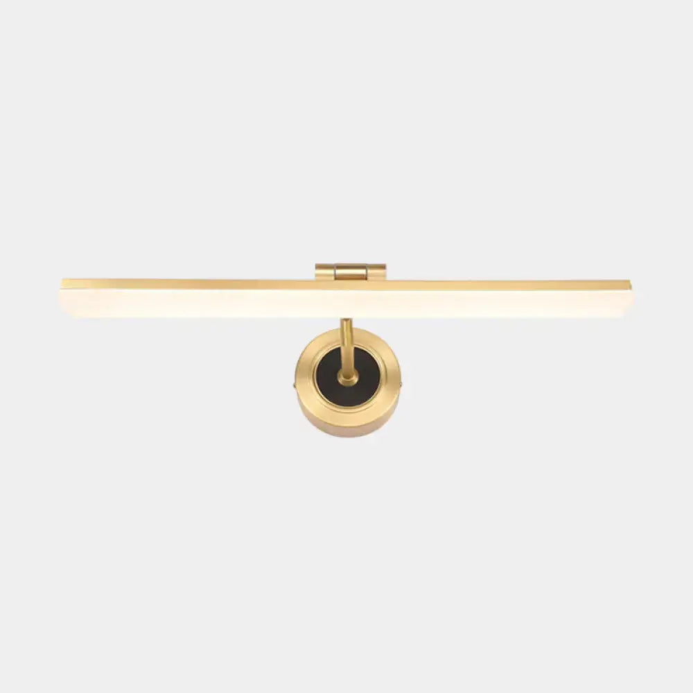 Gold-finished modern wall mounted vanity light with sleek rectangular bar and circular base for bathroom use