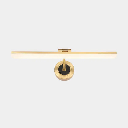 Gold-finished modern wall mounted vanity light with sleek rectangular bar and circular base for bathroom use