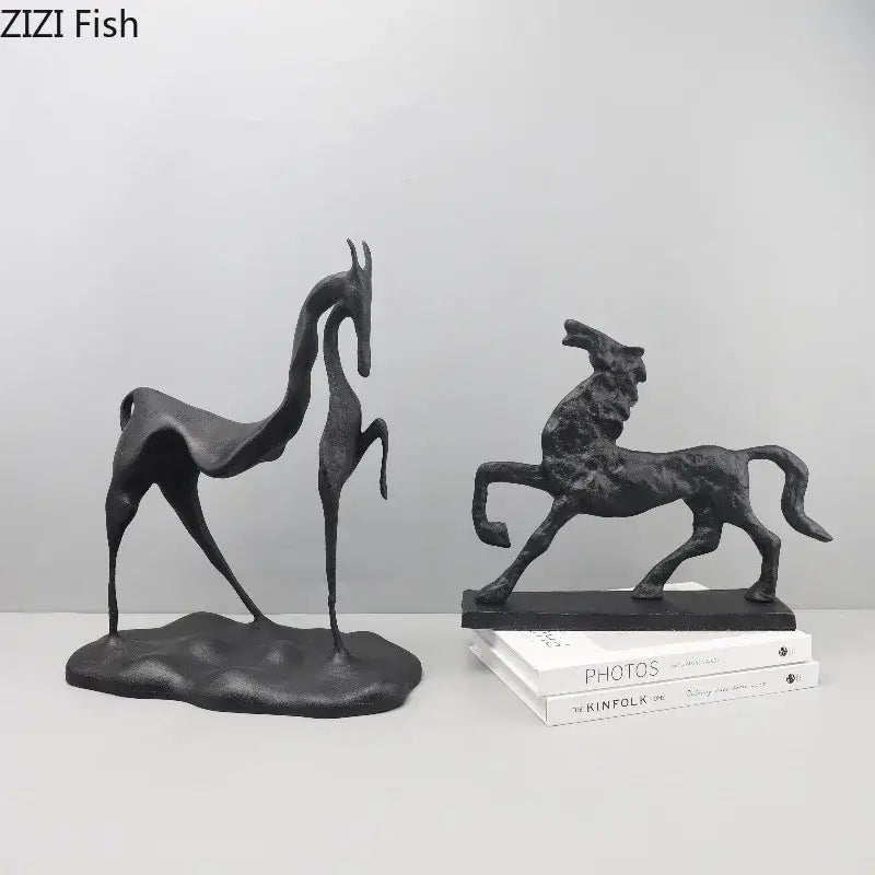 Minimalist black matte cast iron horse sculpture and deer decorbites cast iron abstract animal decor for living room desk