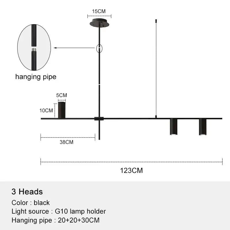 Minimalist black chandelier pendant lights with three g10 lamp holders and sleek hanging pipe design for dining room decorbites