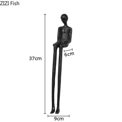 Minimalist black character metal statue with matte finish and elongated limbs for living room desk ornament 37cm tall