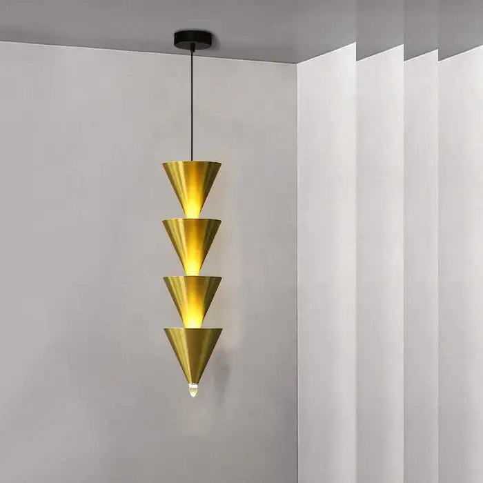 Minimalist black conical pendant light with four stacked golden shades for decorbites cream bedroom chandelier use