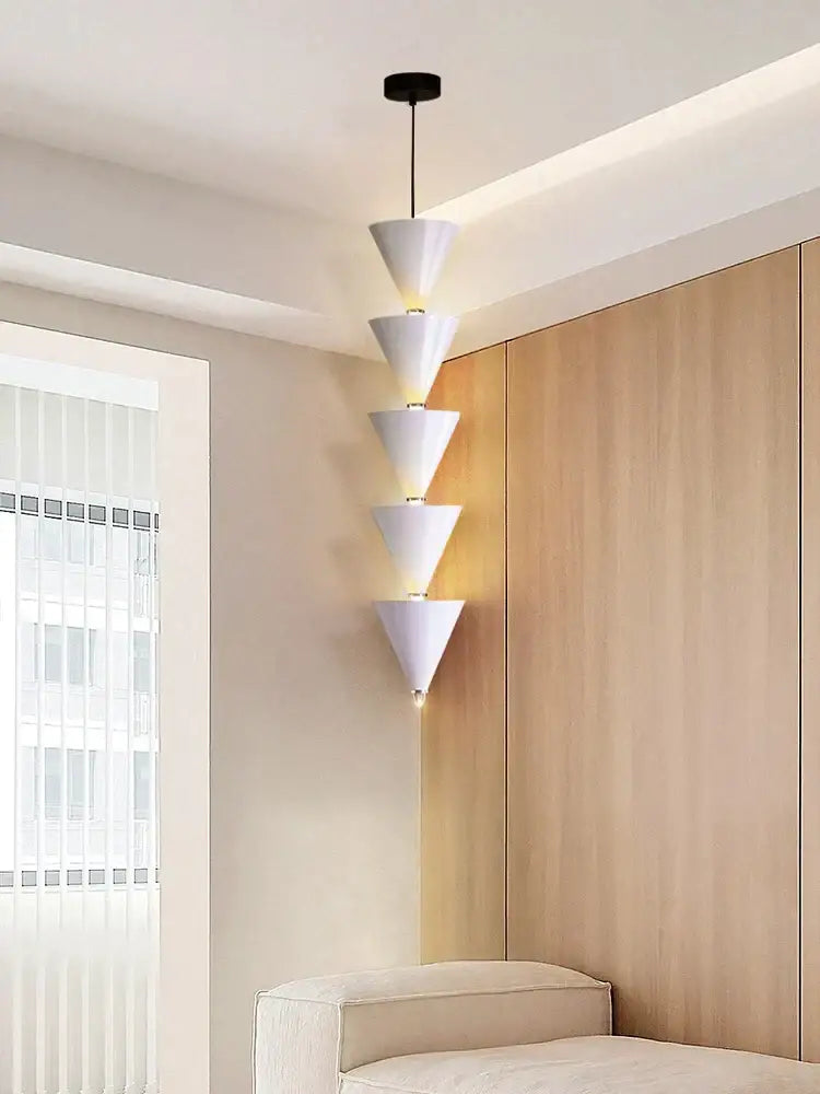 White conical pendant light with stacked geometric design and warm led illumination for decorbites cream bedroom chandelier