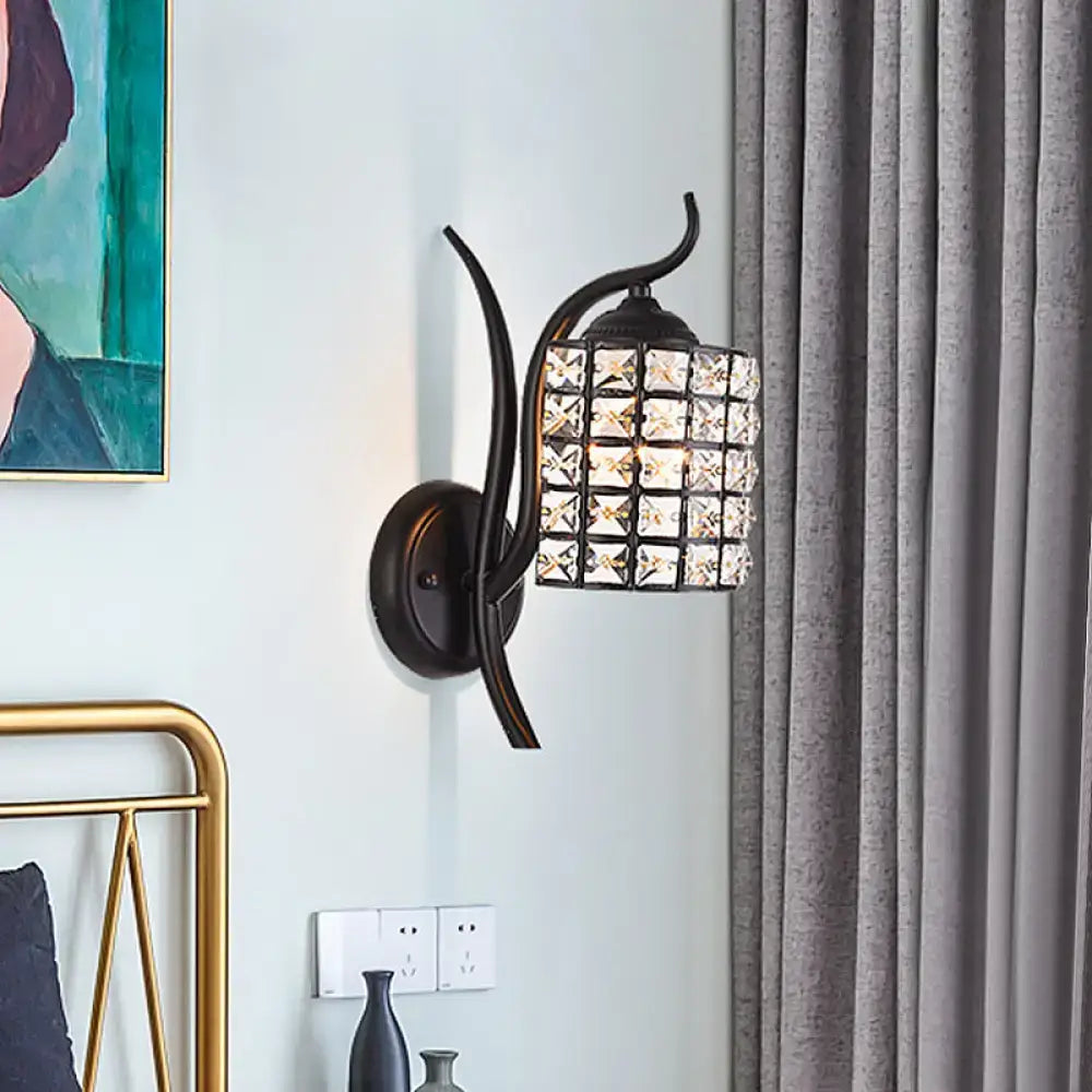 Minimalist black wrought iron wall sconce with crystal-encrusted square lampshade for 110v-120v bedroom lighting