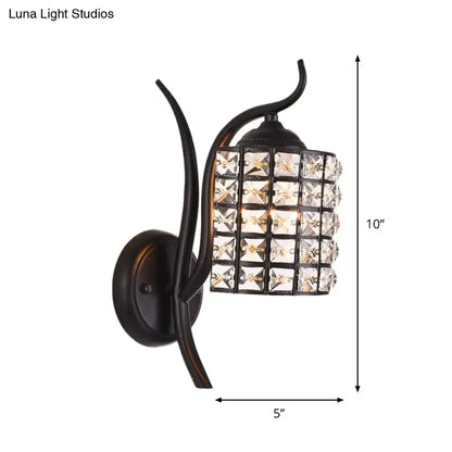 Minimalist black wrought iron crystal square sconce with curved leaf design for 110v-120v or 220v-240v wall light