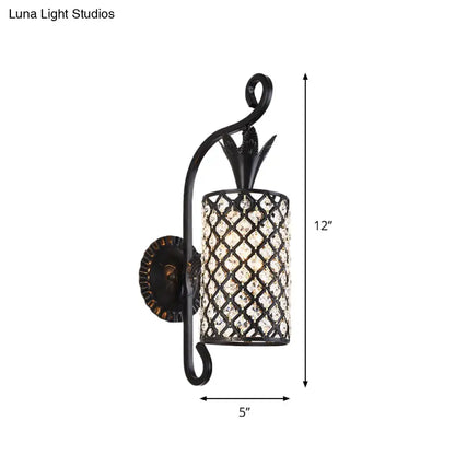 Minimalist black wrought iron pineapple wall sconce with crystal lattice shade for 110v-120v or 220v-240v use
