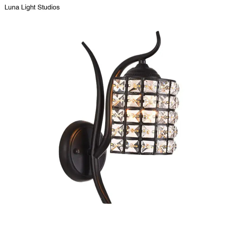 Minimalist black wrought iron crystal square sconce with cylindrical cage and faceted crystals 110v-120v wall light